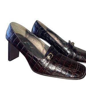 Nina Cognac Brown Croc Embossed Alligator Pumps Gold Buckle Square Toe Timeless